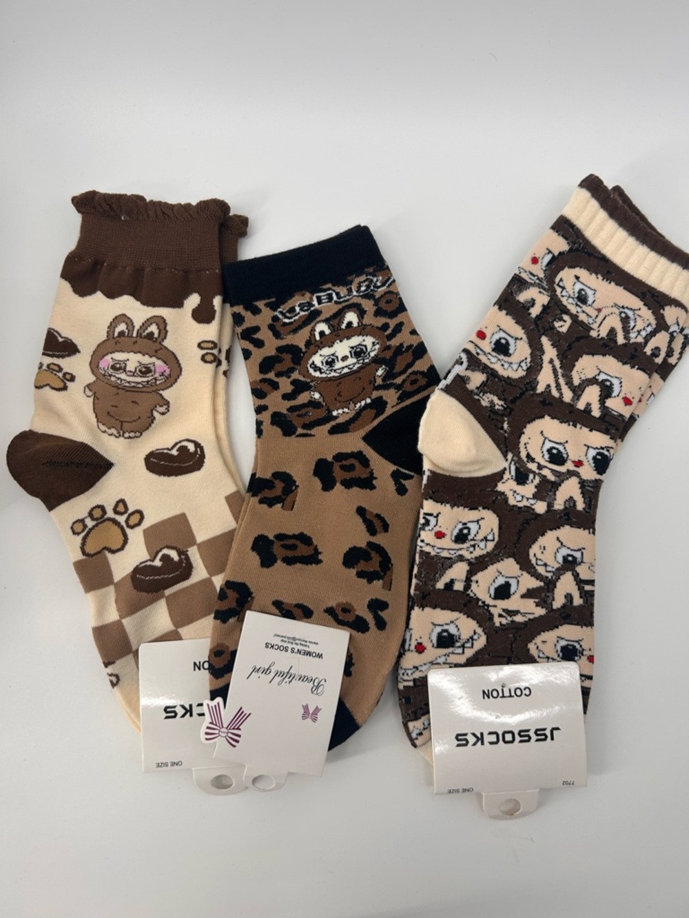 New Labubu Character Women's Crew Socks - 3 Pair Bundle, Cotton Blend